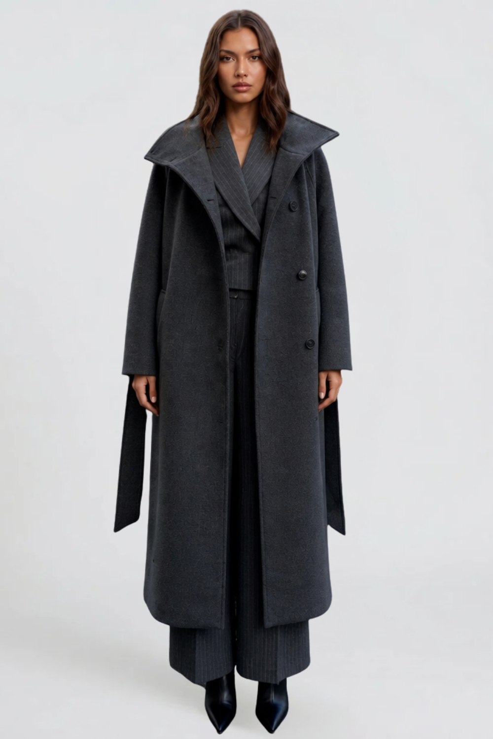 Charcoal grey longline wool coat worn open over matching grey suit with wide lapel collar