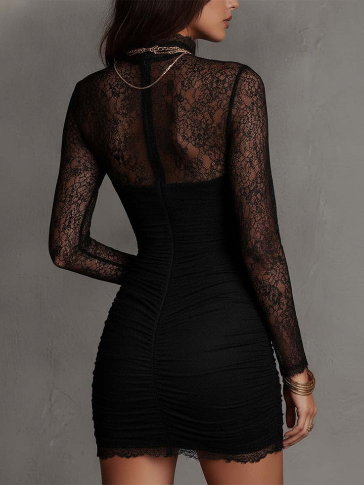 Vintage Black Floral Lace Mock Neck Ruched Bodycon Mini Dress | Harry & Kate London
