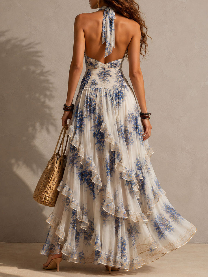 Boho Resort Blue Floral Halter Tiered Ruffle Chiffon Maxi Dress