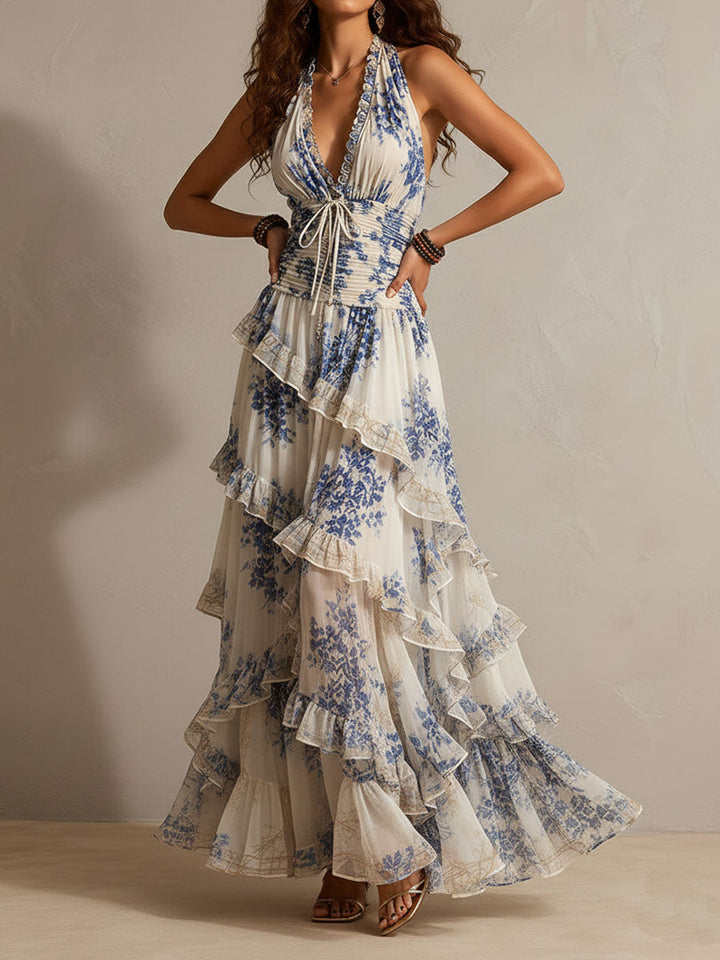 Boho Resort Blue Floral Halter Tiered Ruffle Chiffon Maxi Dress