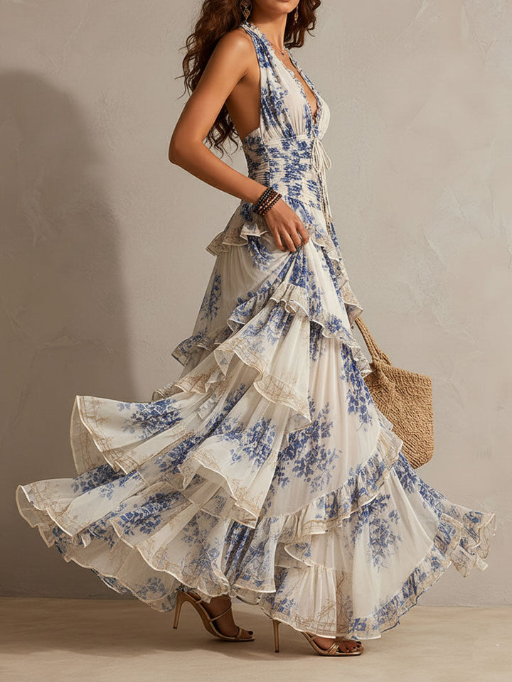 Boho Resort Blue Floral Halter Tiered Ruffle Chiffon Maxi Dress