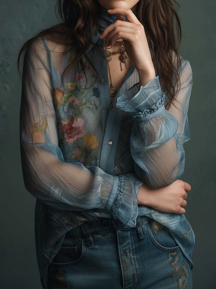 Vintage Boho Sheer Floral Button-Up Blouse | Harry & Kate London