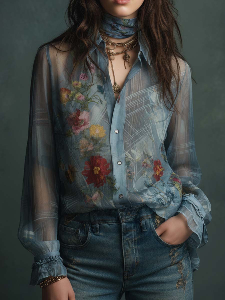 Vintage Boho Sheer Floral Button-Up Blouse | Harry & Kate London