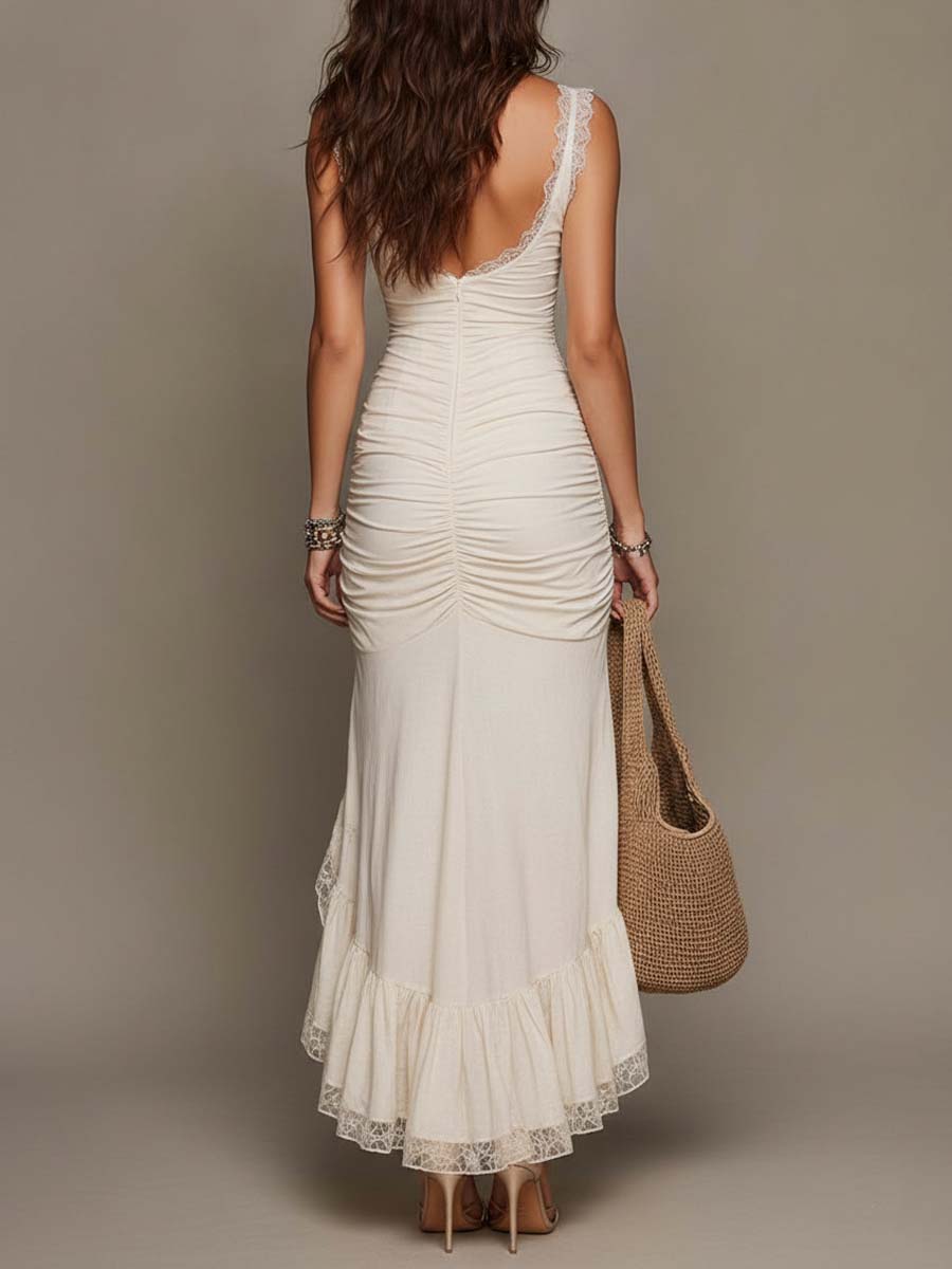Vintage Boho Cotton Blend Lace Trim Ruched High Slit Mermaid Midi Dress
