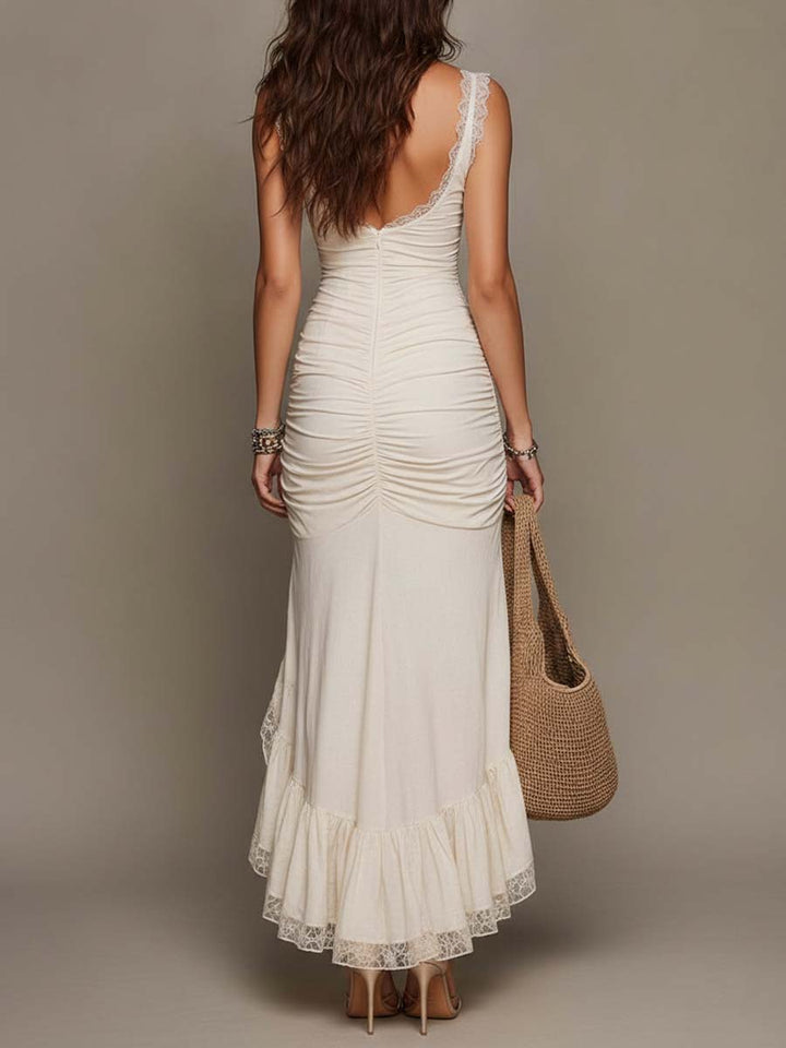 Vintage Boho Cotton Blend Lace Trim Ruched High Slit Mermaid Midi Dress