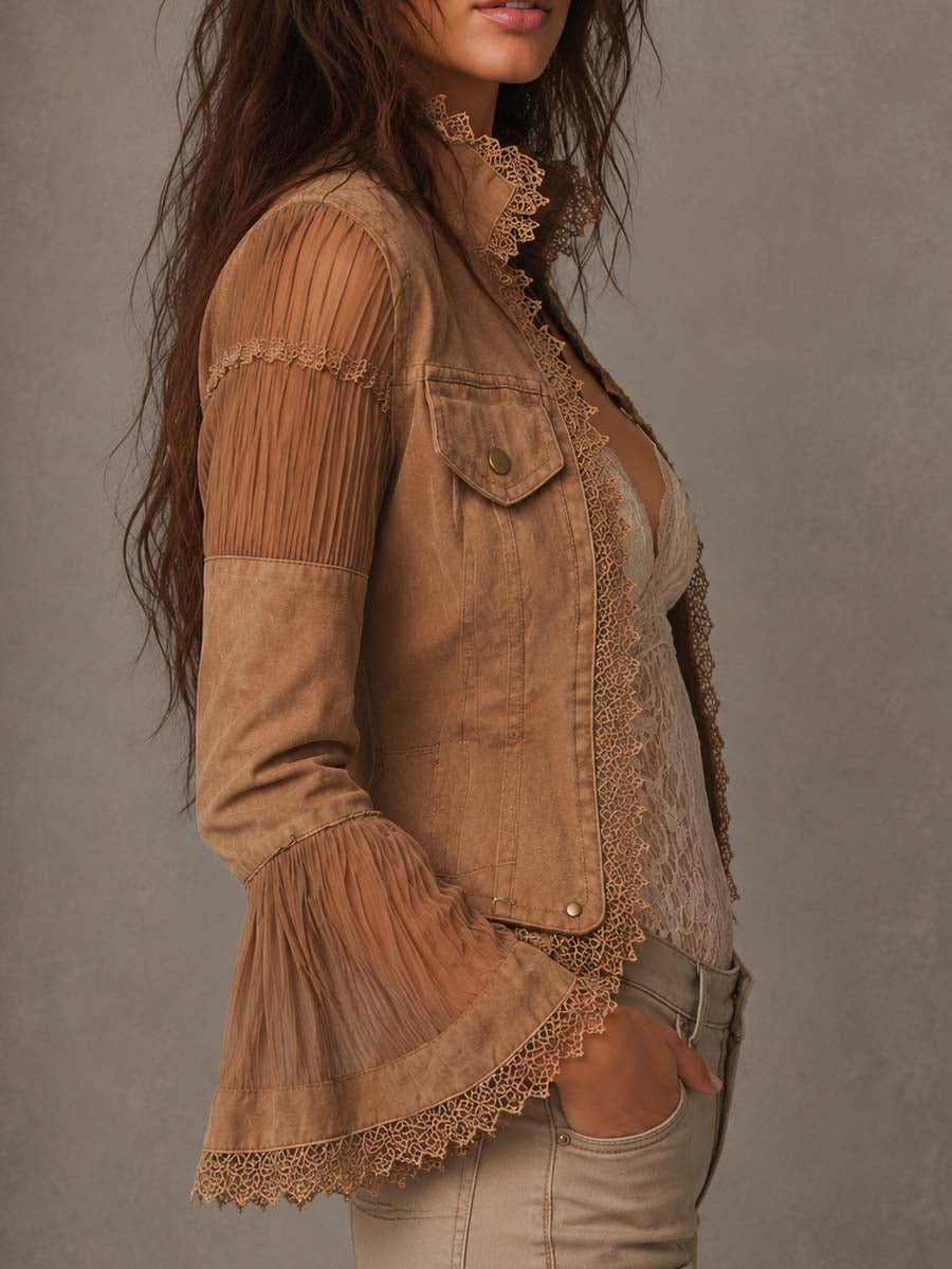 Boho Vintage Lace Trim Pocket Patchwork Sheer Flare Long Sleeve Jacket | Harry & Kate London