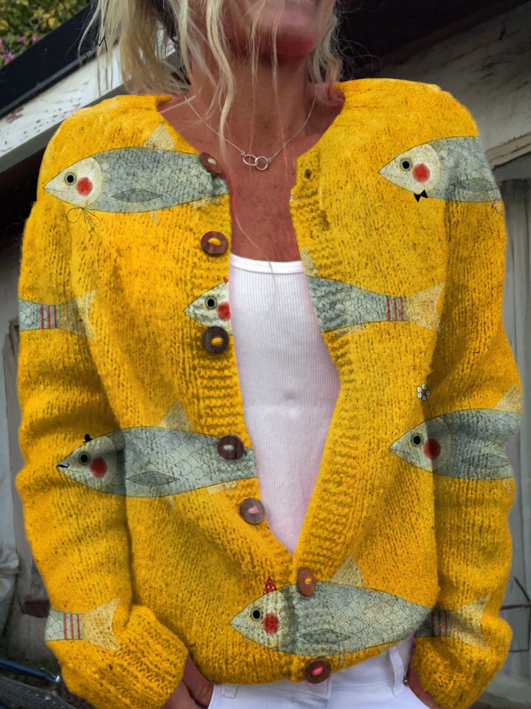 Vintage Sardines Art Print Cardigan — front view