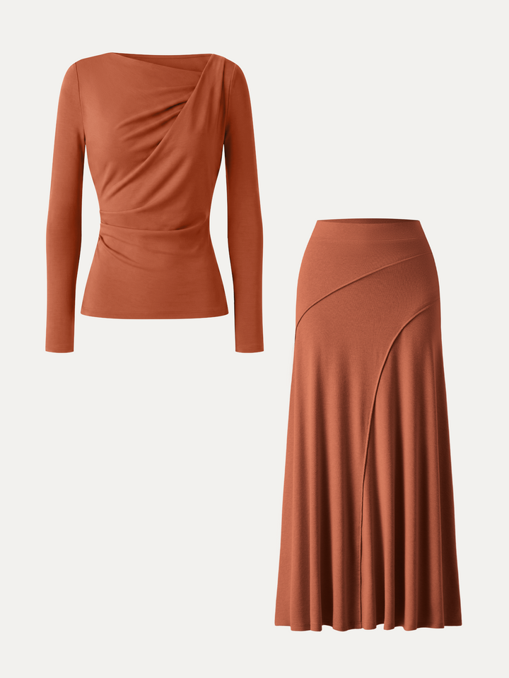 2Pcs Set LiteWarm Asymmetrical Neck Top & Drapey A-Line Midi Skirt