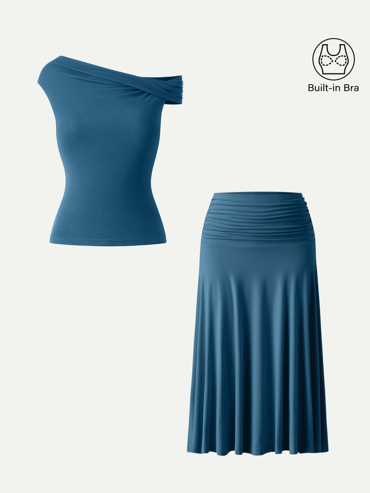 2Pcs Set Multi-wear Built-In Bra Top 2.0 & Side Ruched A-line Midi Skirt