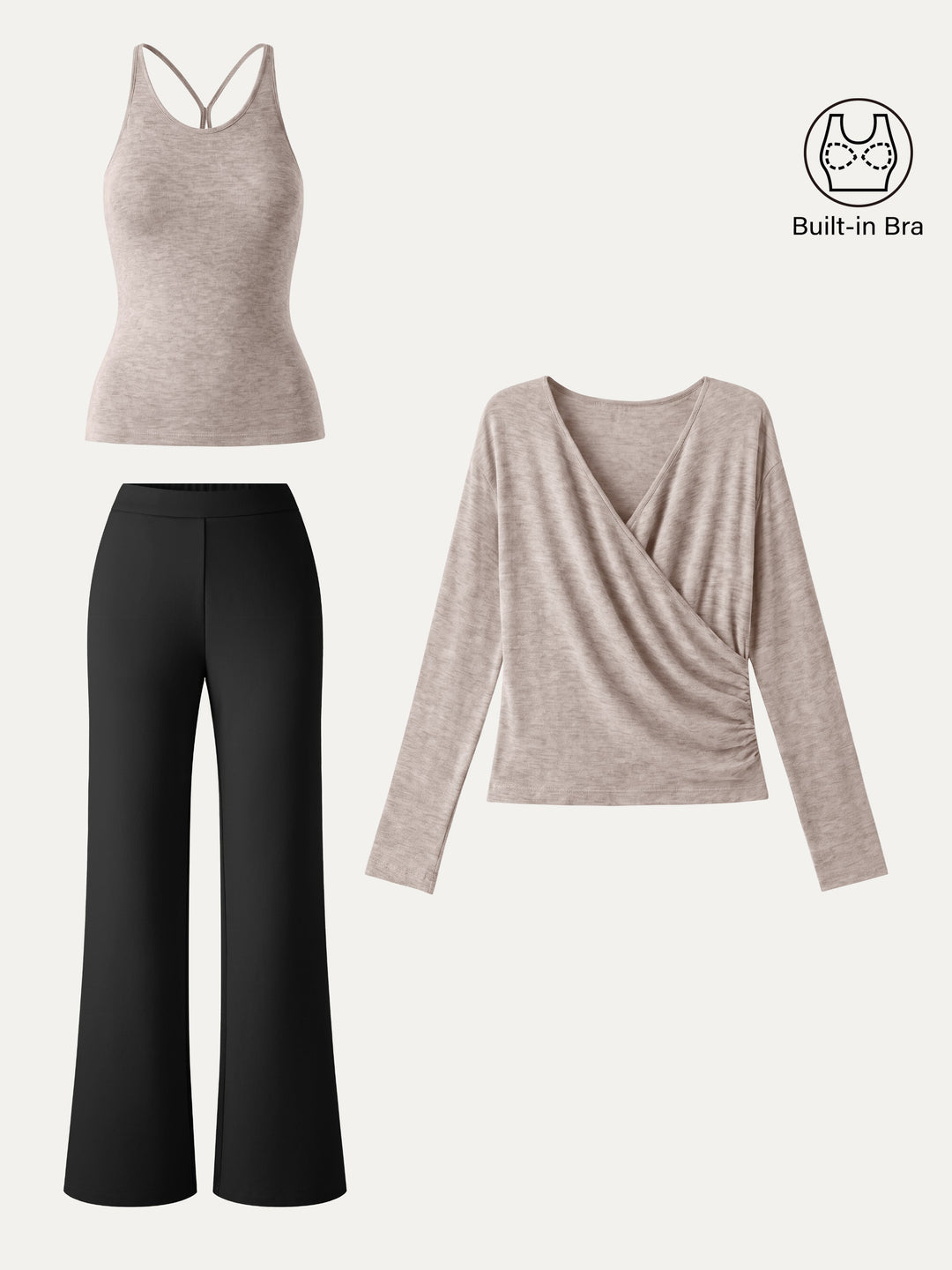 2Pcs Set Surplice Ruched Built-In Bra Top 2.0 & Slim Flared Pants with Pockets