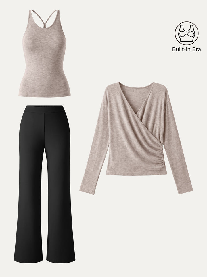 2Pcs Set Surplice Ruched Built-In Bra Top 2.0 & Slim Flared Pants with Pockets