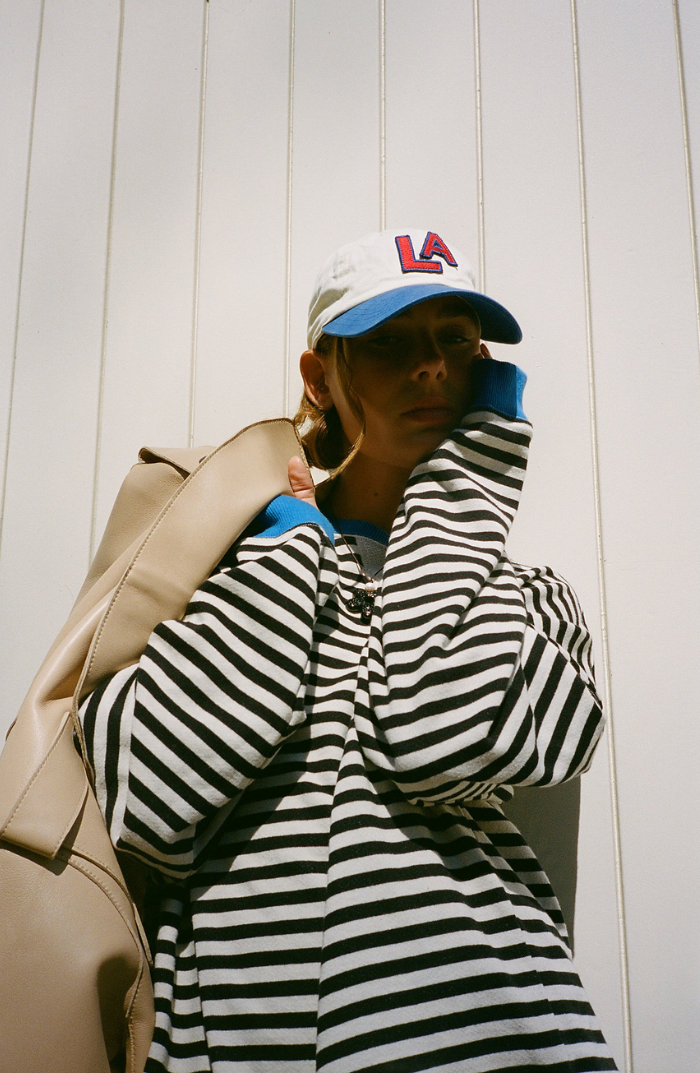 Mana Striped Oversized Sweater — styled view