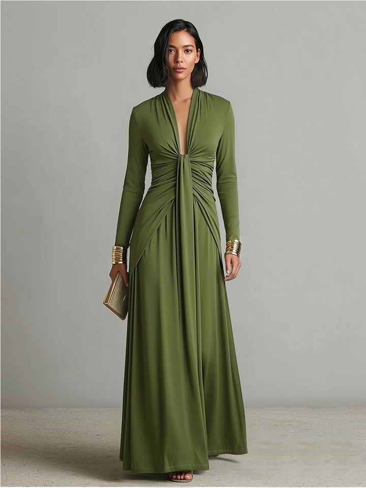 Olive Green Silk Maxi Dress — close-up view