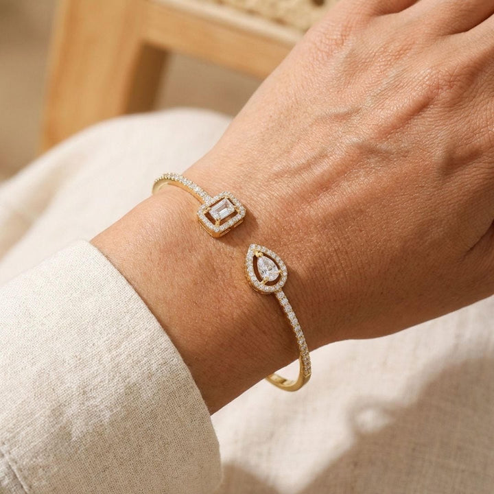 Main shot of the gold cubic zirconia cuff bracelet