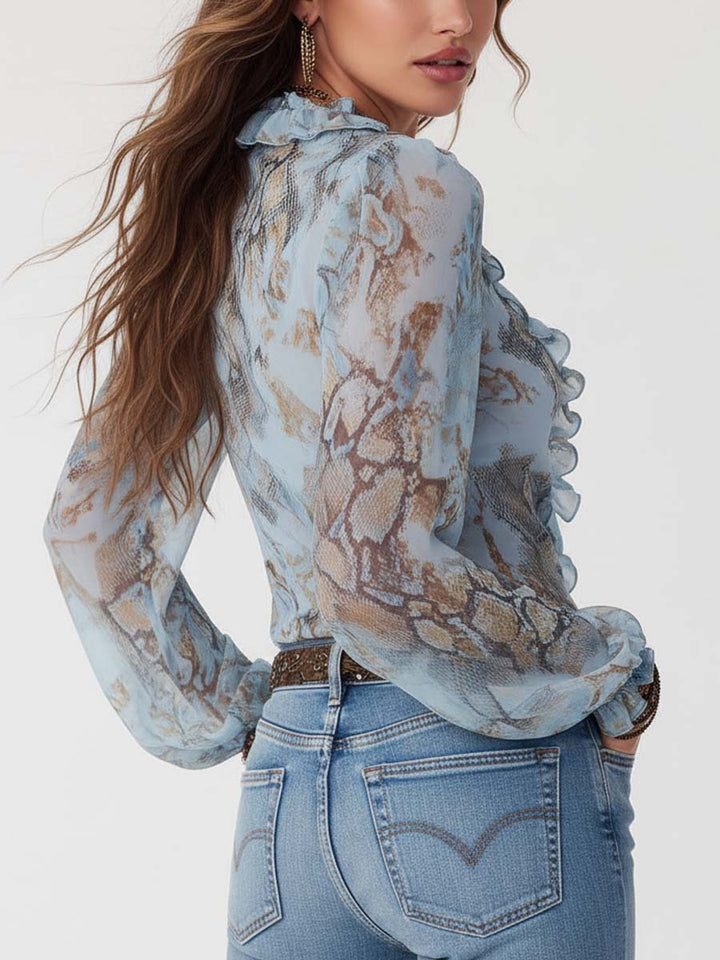 Ruffled Zip-Front Chiffon Blouse In Serene Blue Print | Harry & Kate London