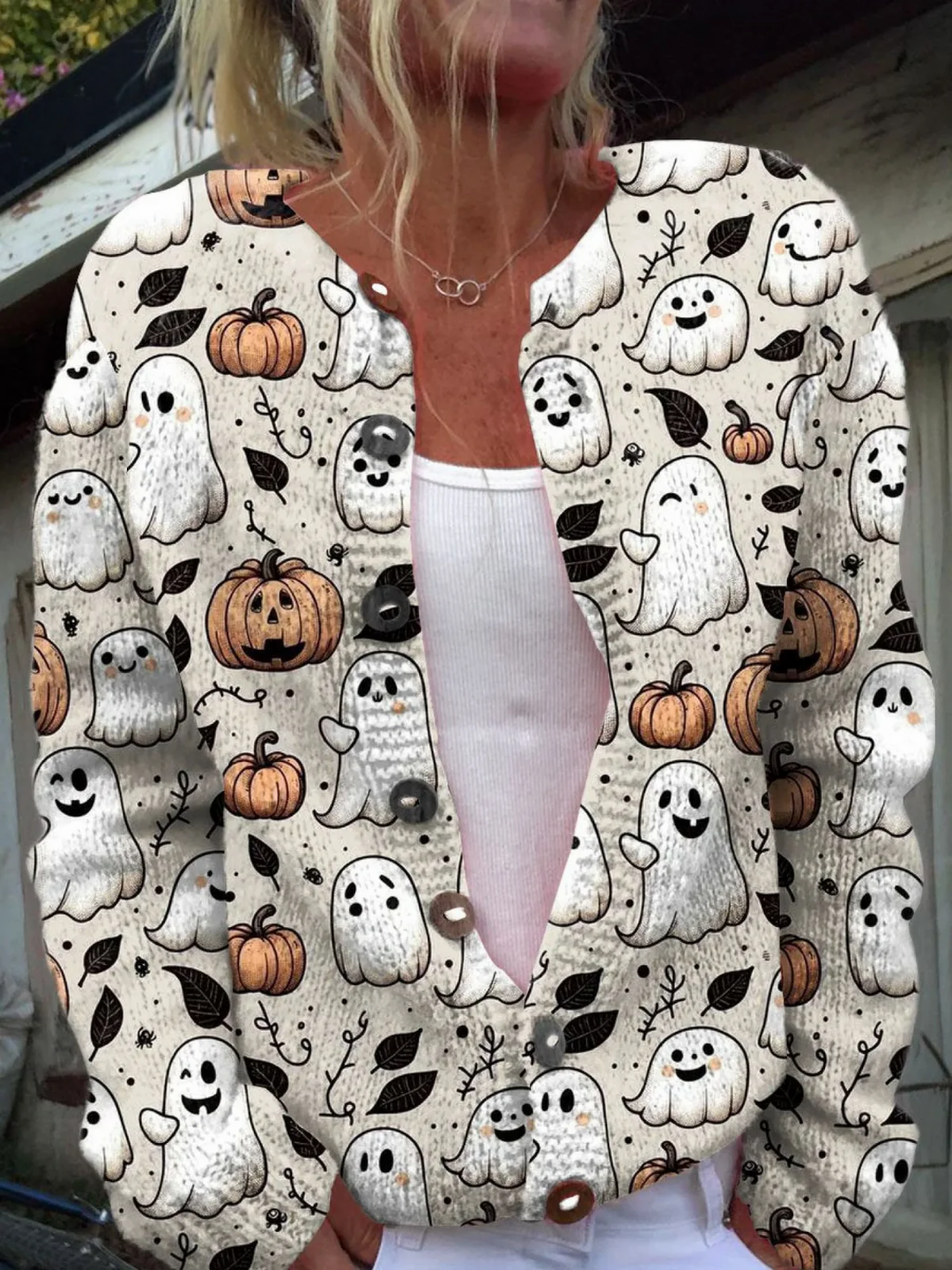 Halloween Ghost Art Print Cardigan — front view