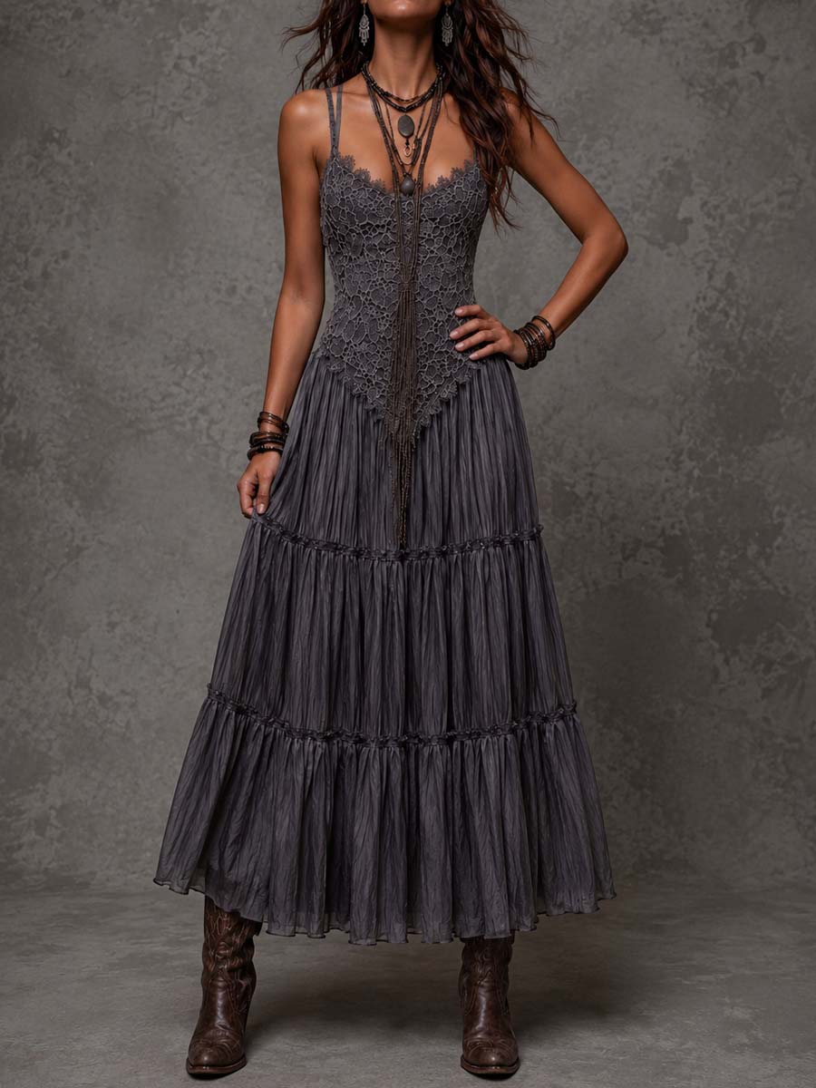 Dark Gray Lace Bodice Tiered Crinkle Maxi Dress