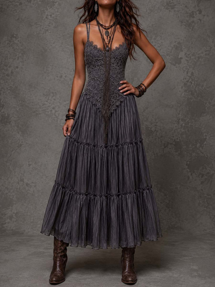 Dark Gray Lace Bodice Tiered Crinkle Maxi Dress