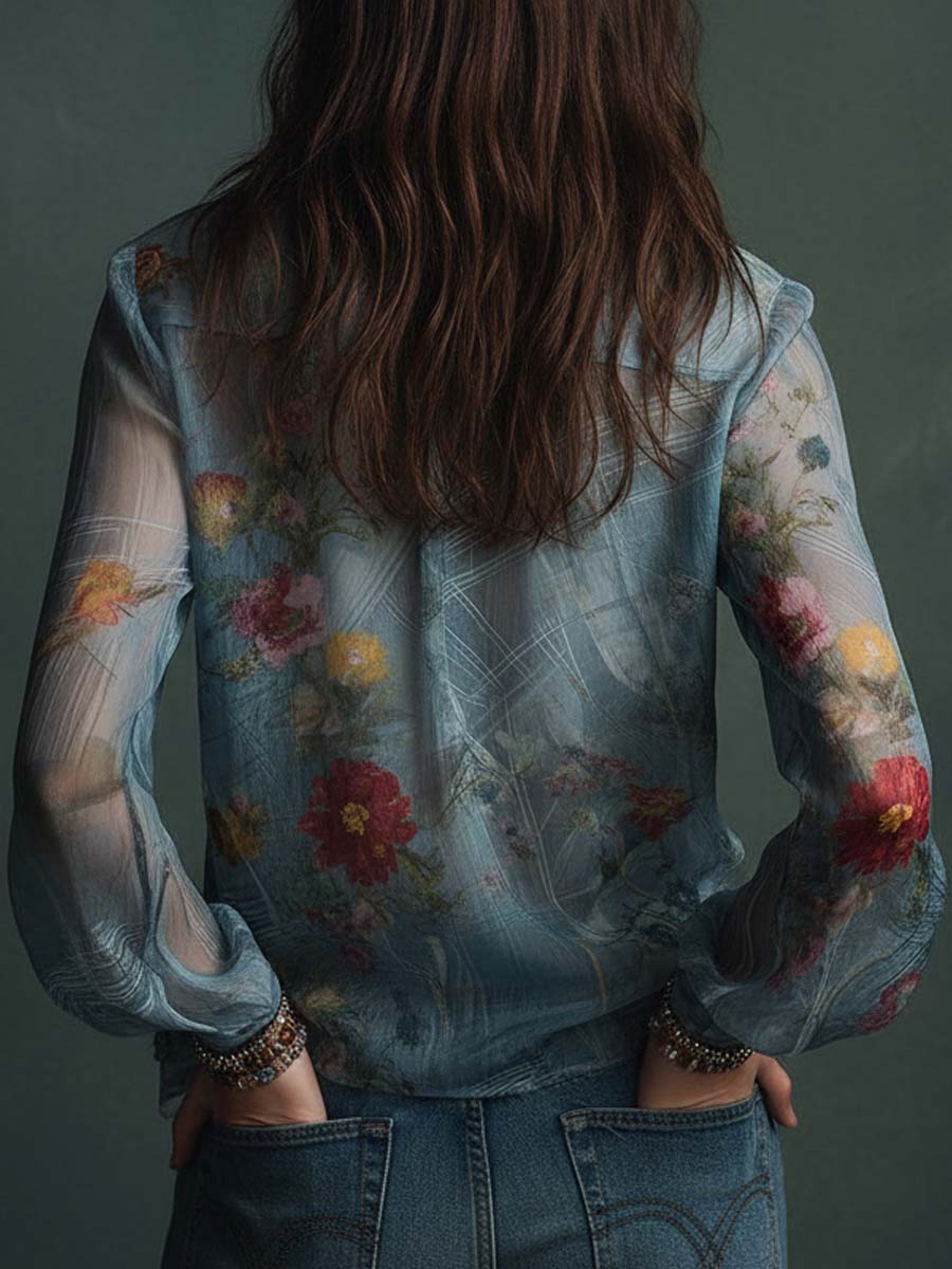 Vintage Boho Sheer Floral Button-Up Blouse | Harry & Kate London
