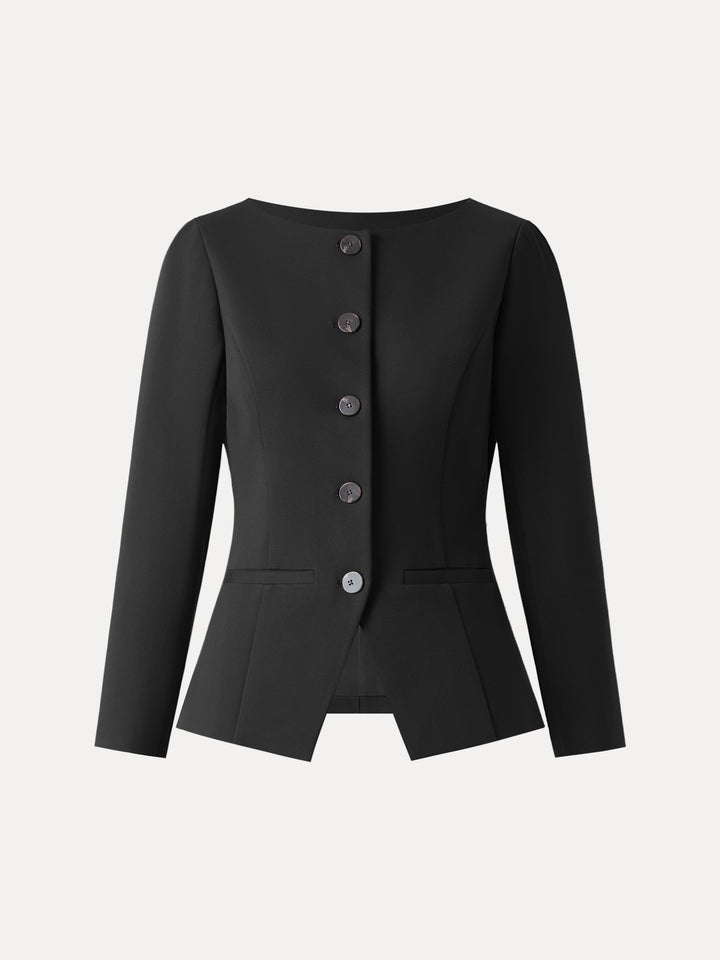 Ponte Office Round Neck Long Sleeve Jacket with Pockets