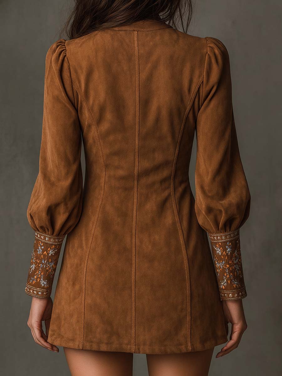 Vintage Suede Embroidered Mini Dress With Long Sleeves | Harry & Kate London