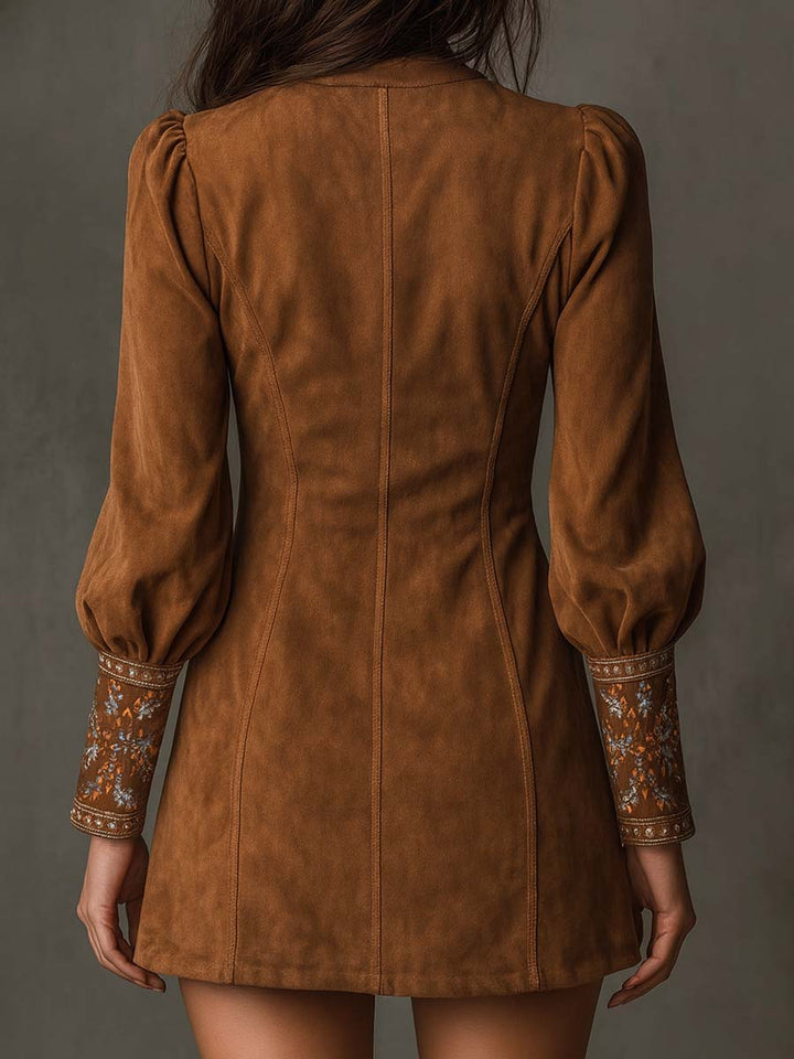 Vintage Suede Embroidered Mini Dress With Long Sleeves | Harry & Kate London