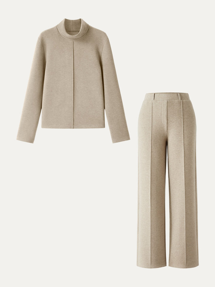 2Pcs Set FuzzLuxe Turtleneck Top & Regular High Waisted Straight Leg Pull On Pant