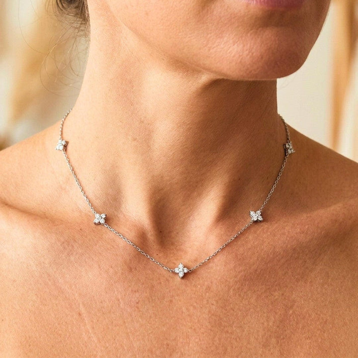 Necklace worn on a model's neckline