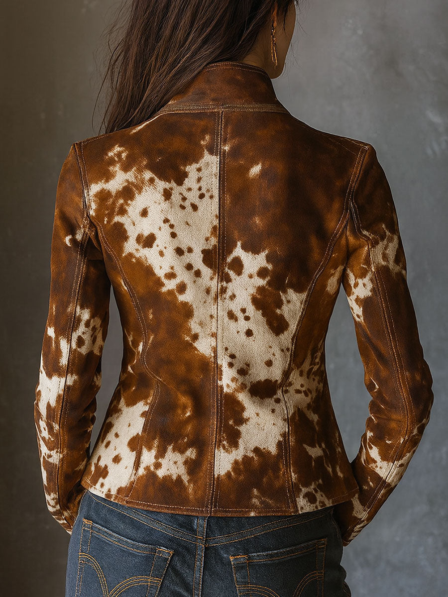 Vintage Stand Collar Suede Cow Print Slim Jacket | Harry & Kate London