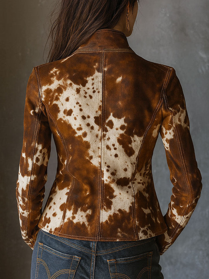 Vintage Stand Collar Suede Cow Print Slim Jacket | Harry & Kate London