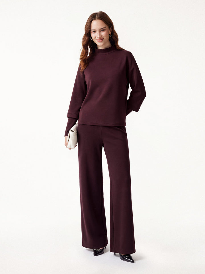 2Pcs Set Mockneck Sleeve-Warmer Top & Straight Leg Pants with Pockets