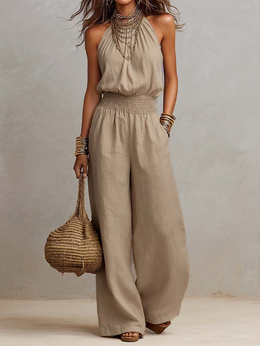 Tan Cotton Linen Halter Neck Smocked Waist Wide Leg Jumpsuit