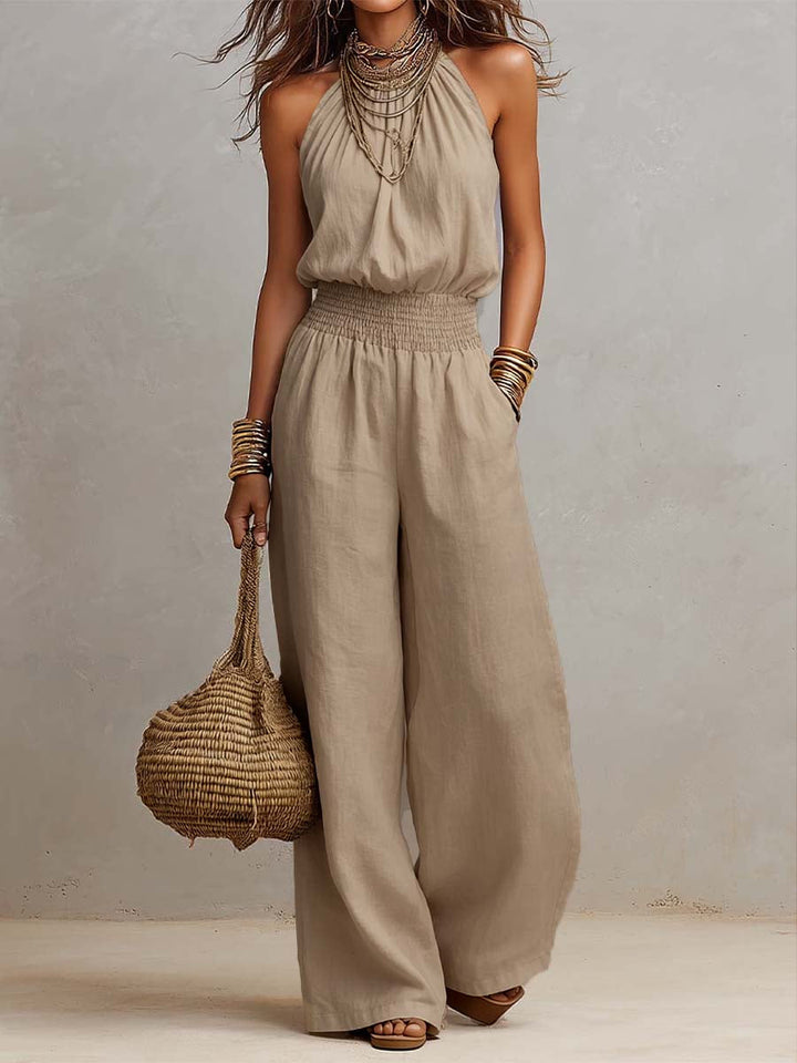 Tan Cotton Linen Halter Neck Smocked Waist Wide Leg Jumpsuit