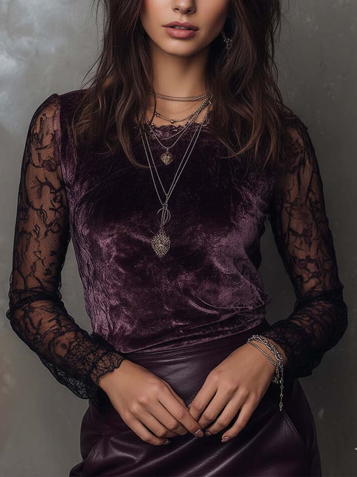 Velvet And Lace Gothic Sheer-Sleeve Top