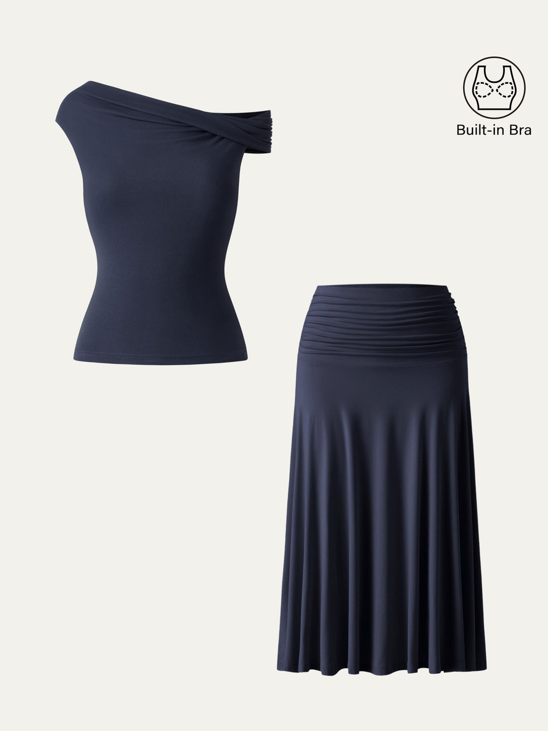 2Pcs Set Multi-wear Built-In Bra Top 2.0 & Side Ruched A-line Midi Skirt