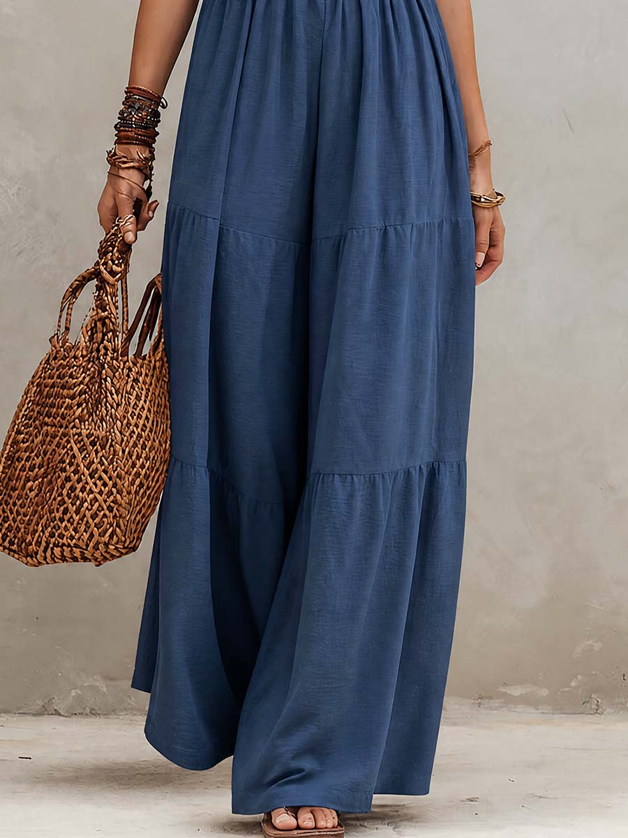 Retro Ruffle Neck Cotton And Linen Jumpsuit