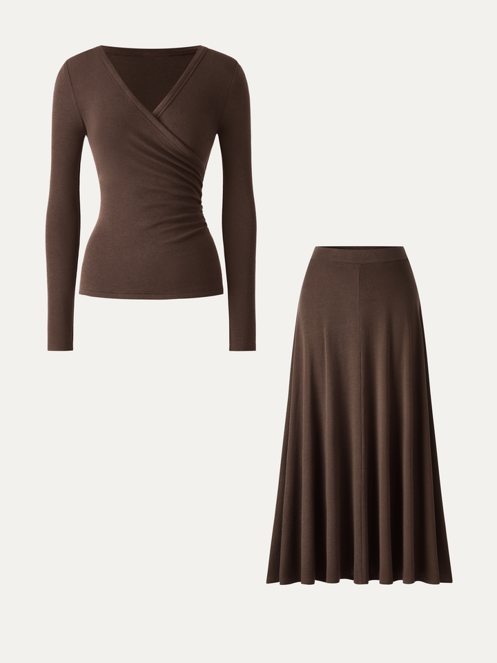 2Pcs Set LiteWarm Surplice Ruched Top & Blend Mid-Rise Umbrella Maxi Skirt