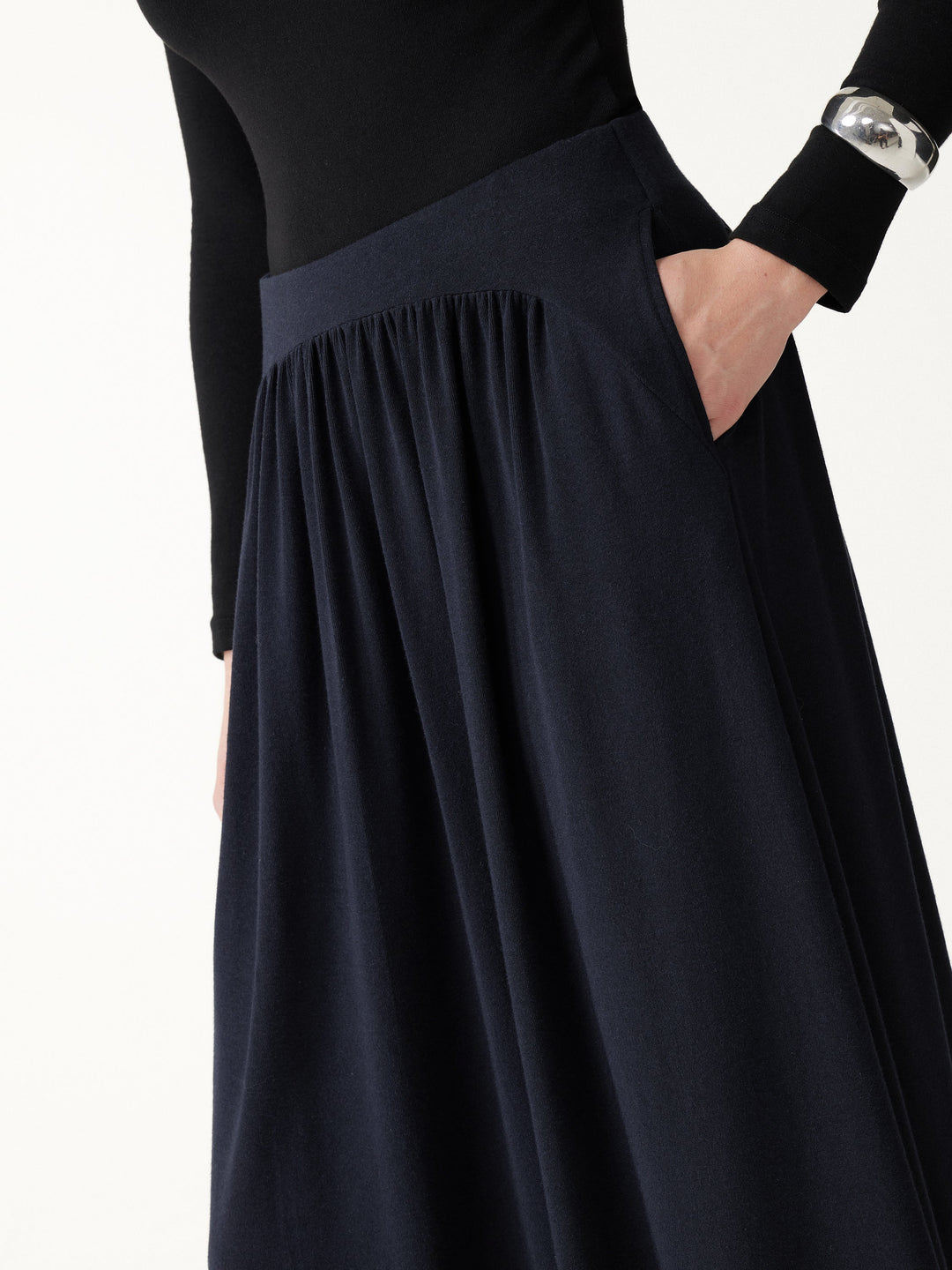 2Pcs Set LiteWarm Boatneck Long Sleeve Tucked Top & High-Rise A-Line Midi Skirt with Pockets