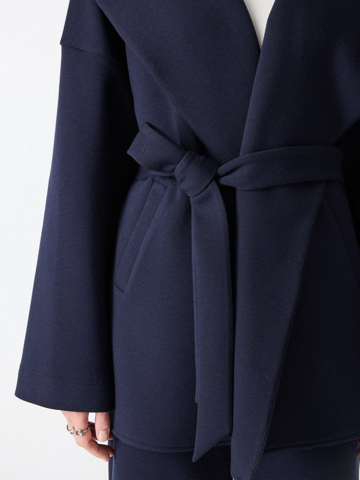 2Pcs Set Belted Shawl Collar Robe Jacket & Mid Rise Straight Pants with Pockets