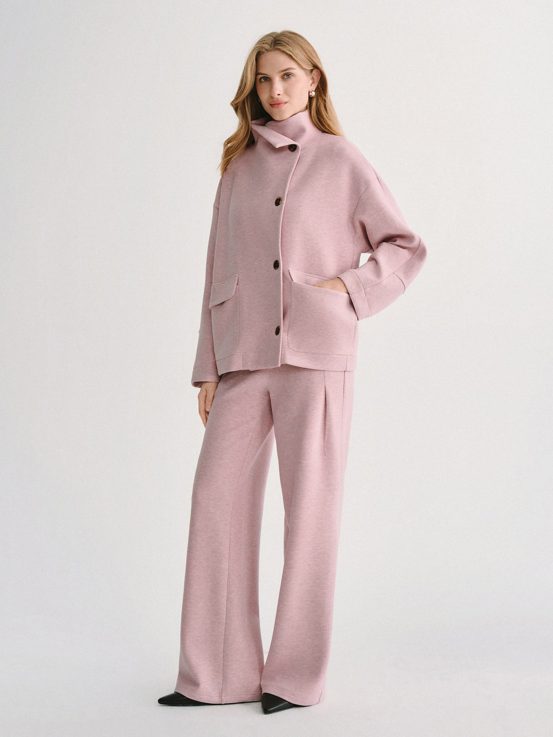 2Pcs Set FuzzLuxe Mock Neck Long Sleeve Jacket with Pockets & High-Rise Wide-Leg Tuck Pants with Welt Pockets