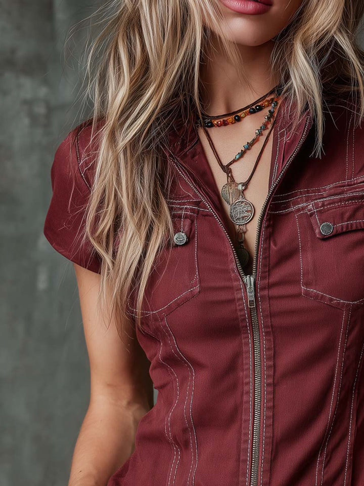 Vintage Short-sleeved Zippered Placket Denim Blouse | Harry & Kate London