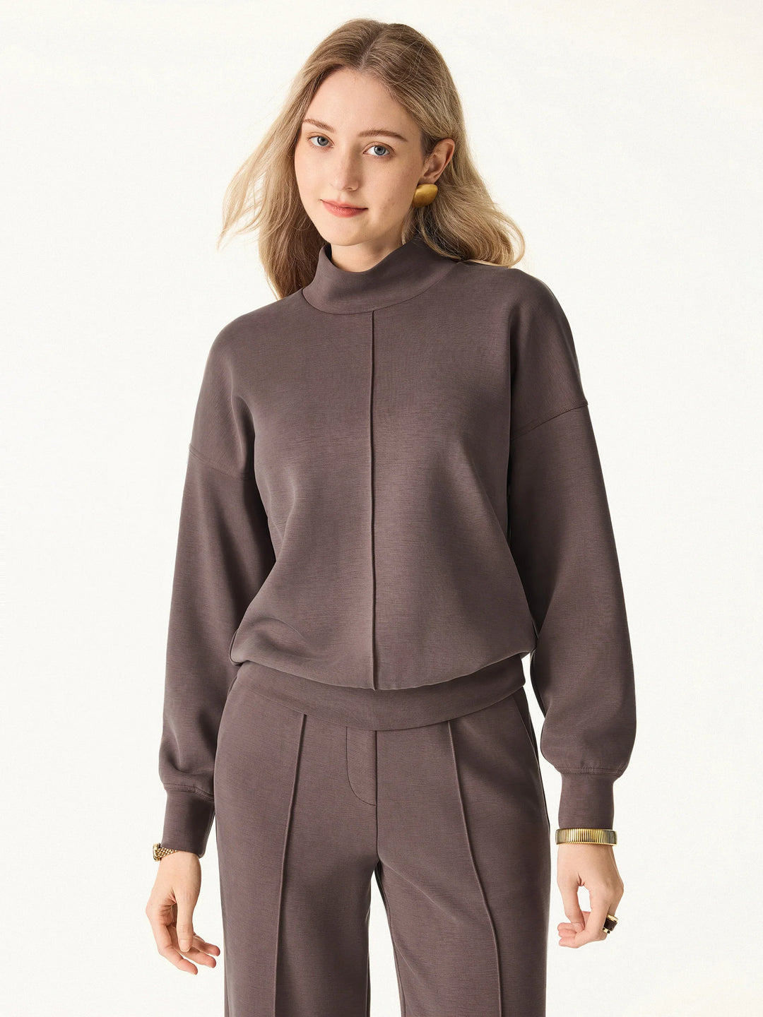 2Pcs Set Mockneck Long Sleeve Shirt & High-Rise Wide Leg Pants with Pockets