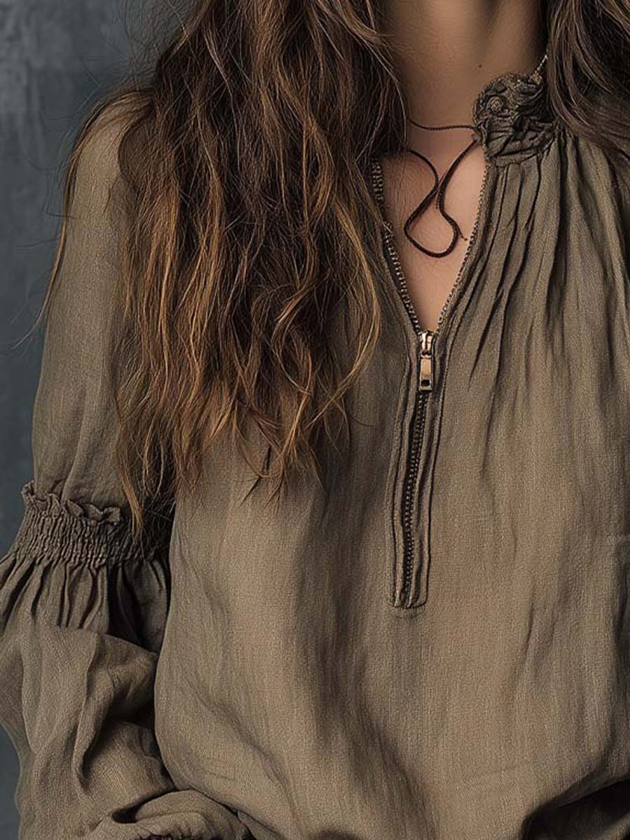 Boho Ruffled Cuff Half-Zip Blouse | Harry & Kate London