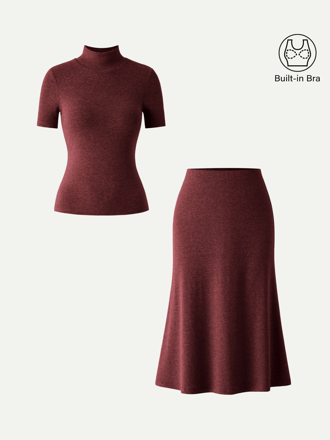 2Pcs Set Mockneck Built-In Bra Top 3.0 & Pull-On Midi Skirt