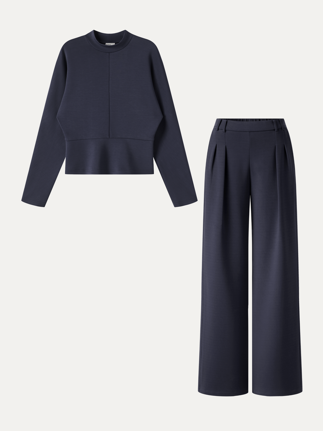 2Pcs Set Mock Neck Batwing Sleeve Top & High-Rise Wide-Leg Pants with Pockets