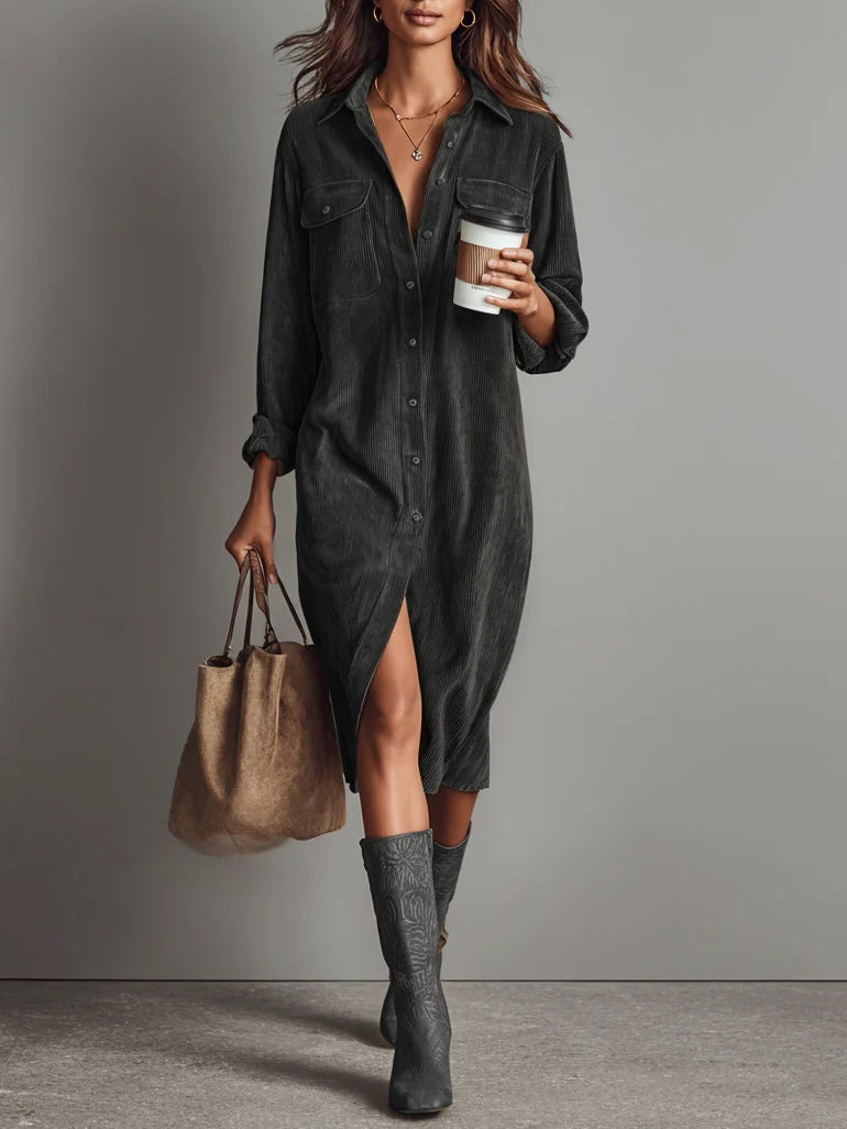 Ruby gray corduroy double chest pocket midi dress