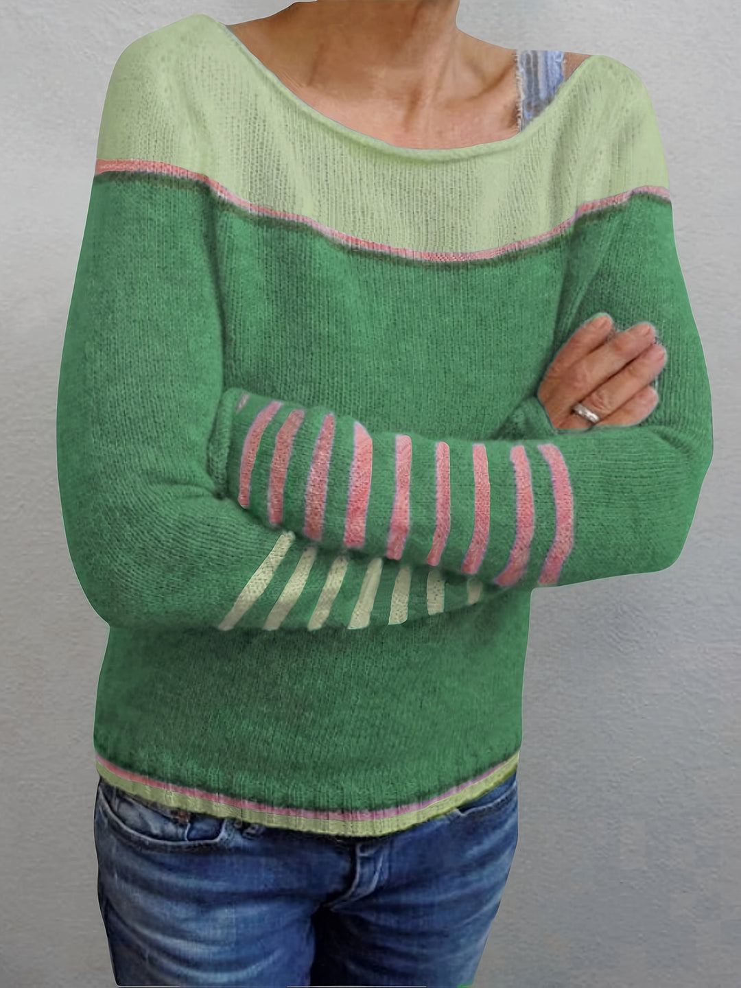 Isolde | Women's Colorblock Boat Neck Sweater with Striped Cuffs