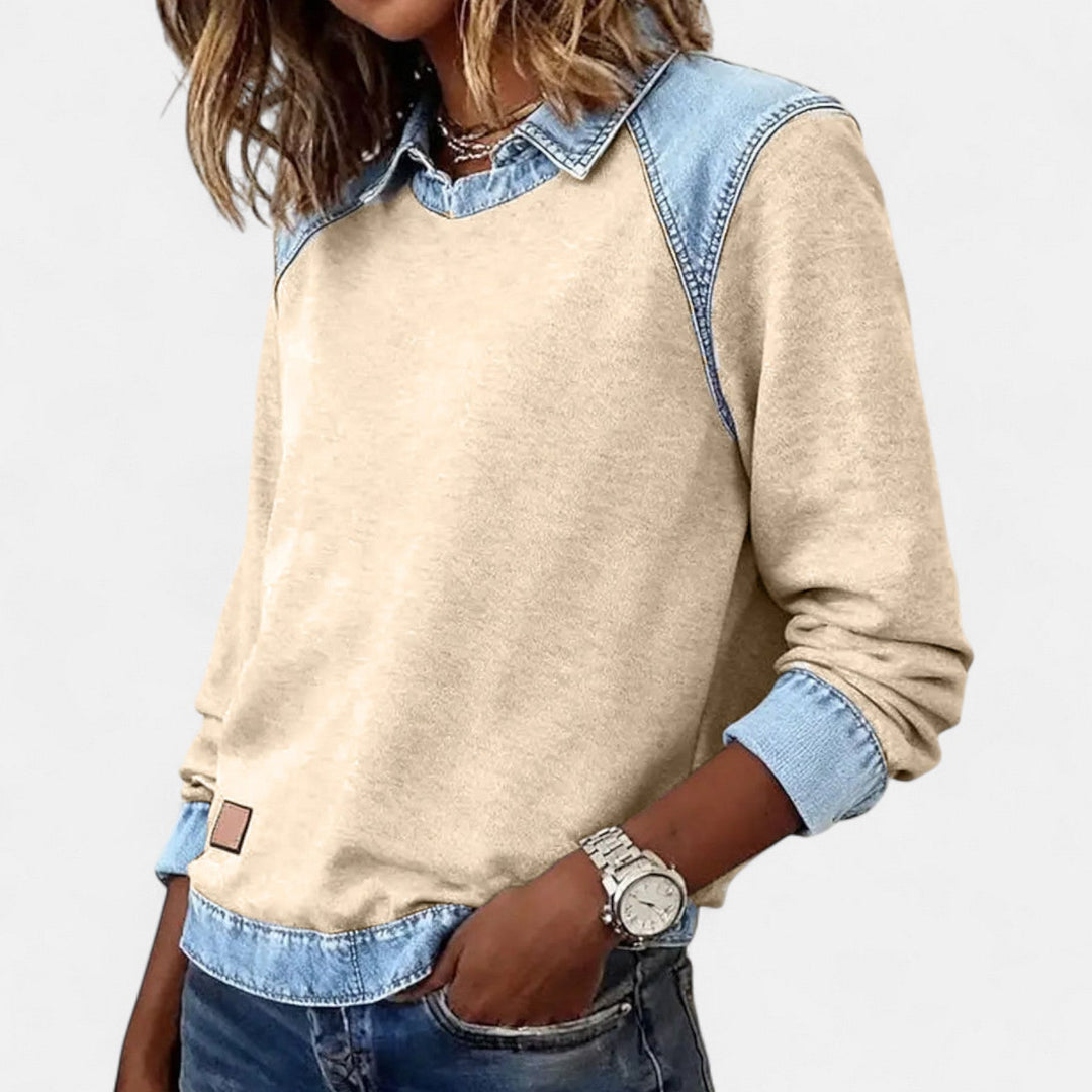 Genevieve | Women's Denim Trim Crew Neck Sweatshirt