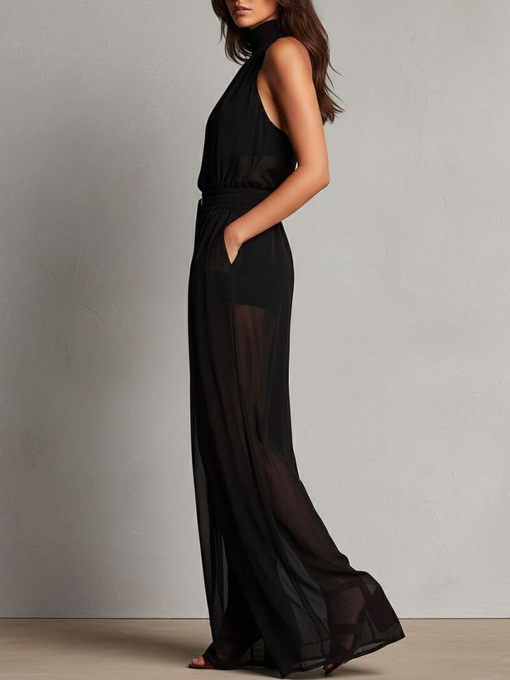 Elegant High Neck Black Sheer Halter Wide-Leg Jumpsuit
