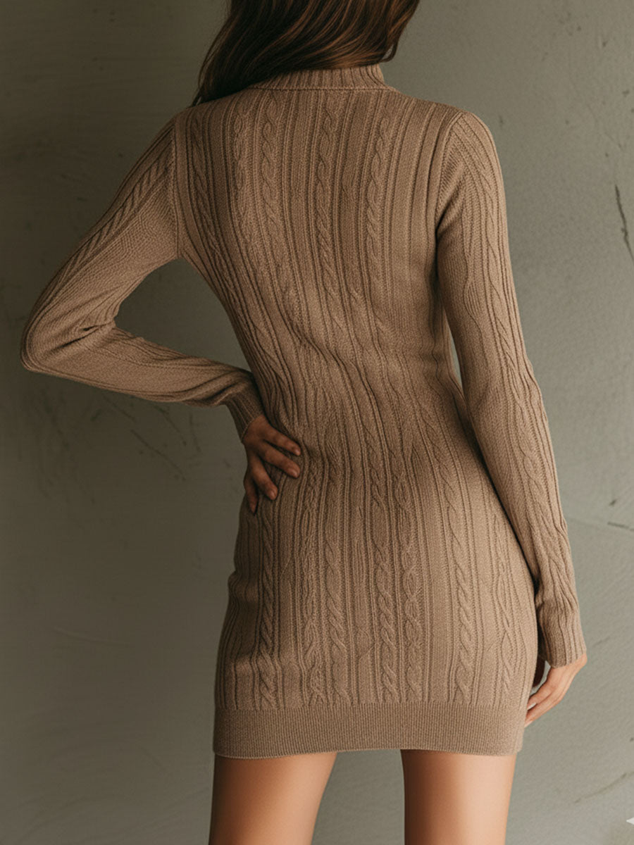 Camel Brown V Neck Half Zip Cable Knit Sweater Dress